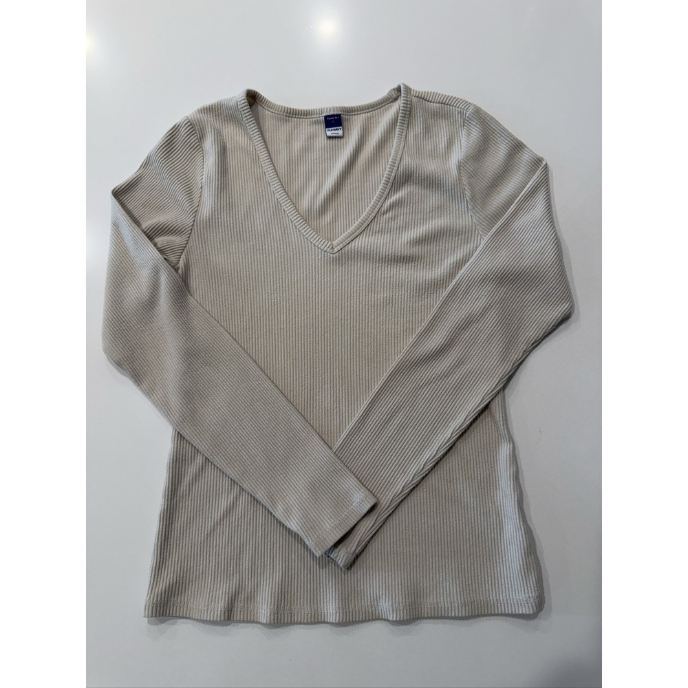 Old Navy Plush Tee Long Sleeve Shirt Women's L Beige Ribbed V-Neck